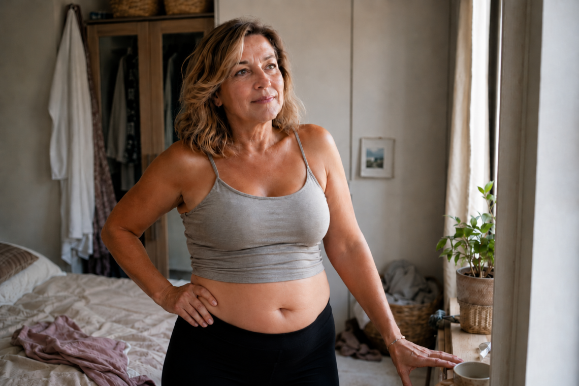 vrouw van middelbare leeftijd met een dikke buik