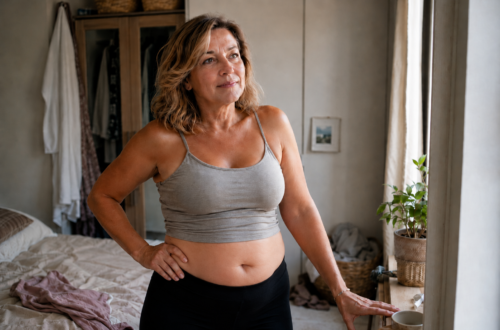 vrouw van middelbare leeftijd met een dikke buik