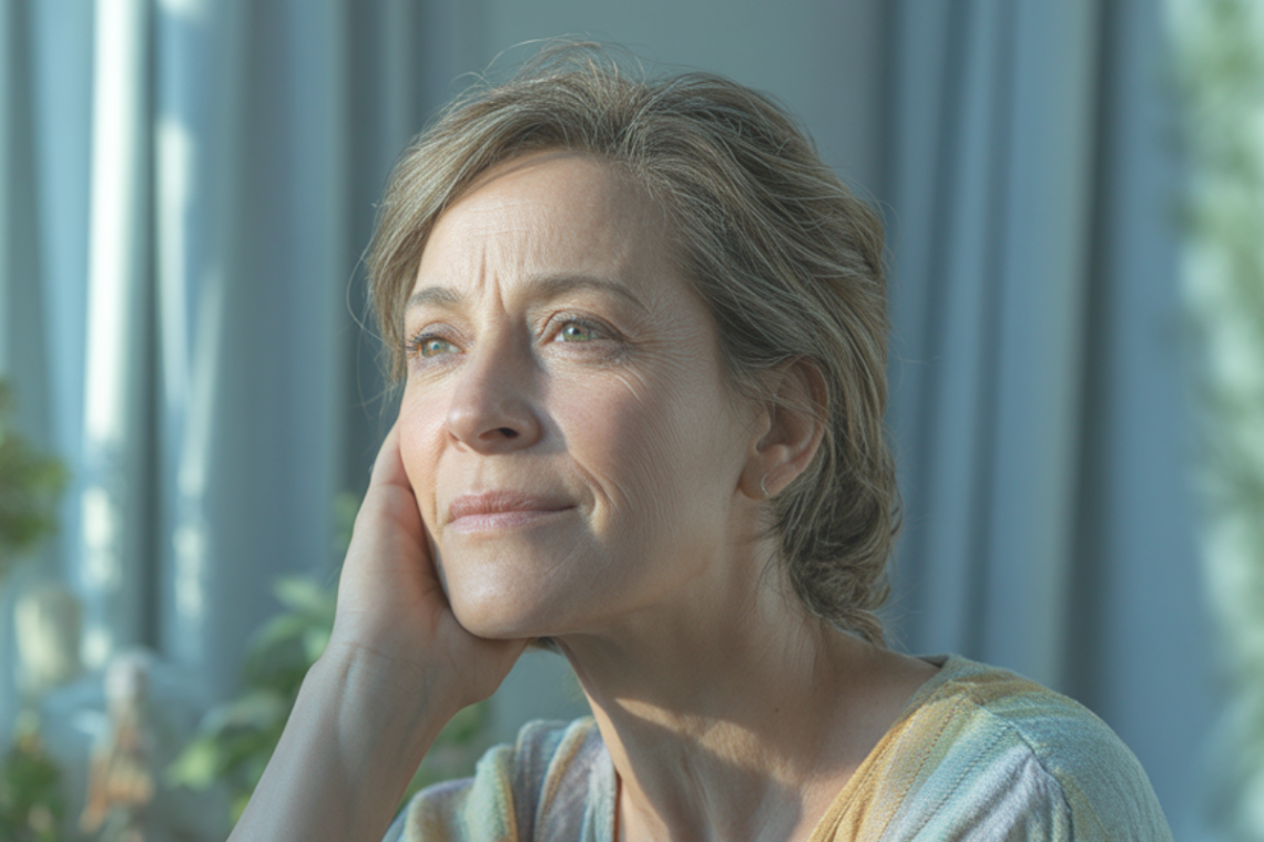 Vermoeide vrouw van middelbare leeftijd zit aan de keukentafel en kijkt voor zich uit.