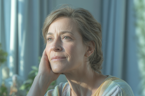Vermoeide vrouw van middelbare leeftijd zit aan de keukentafel en kijkt voor zich uit.